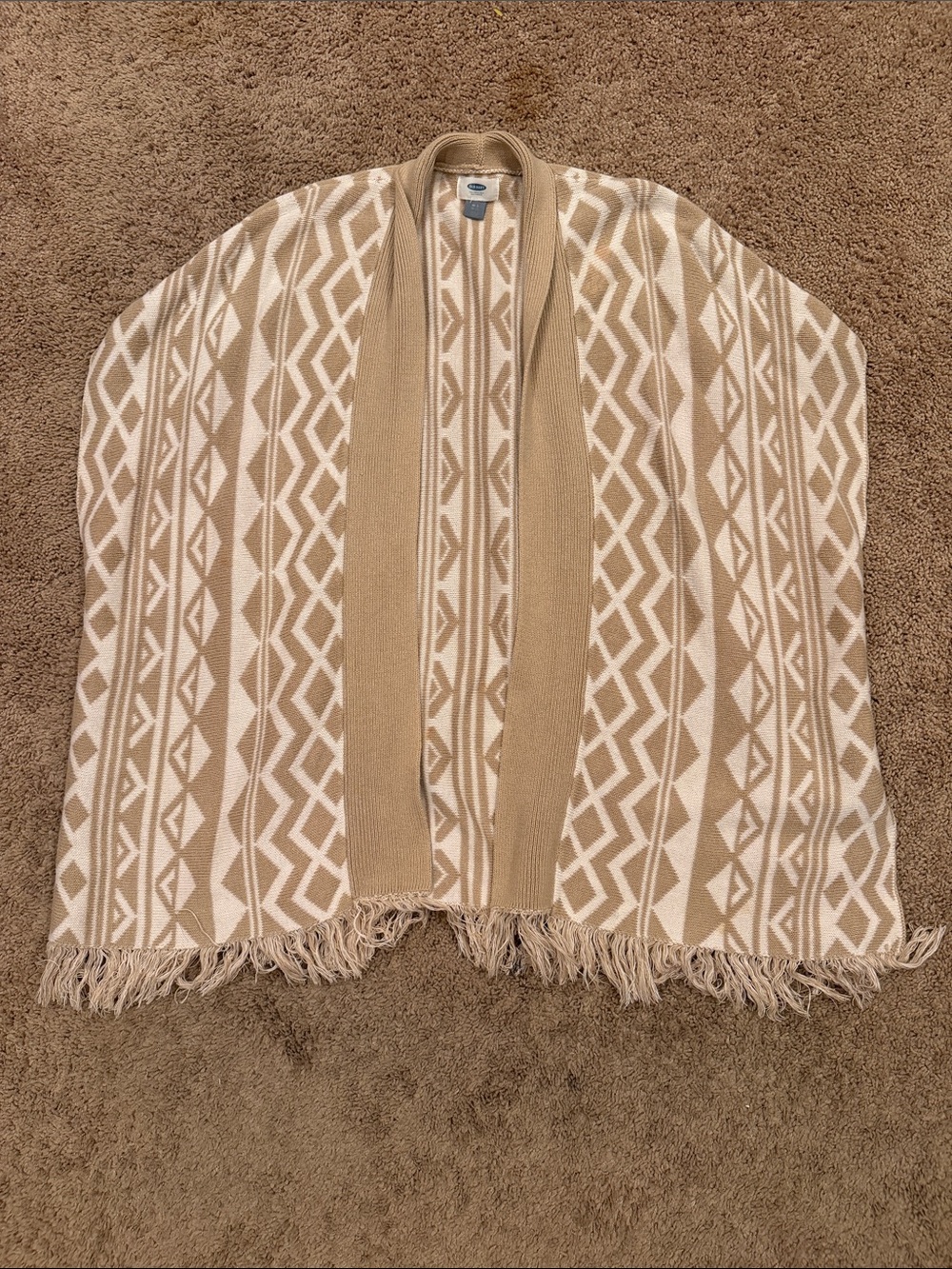 Old Navy Beige and White Geometric Fringe Open Front Poncho